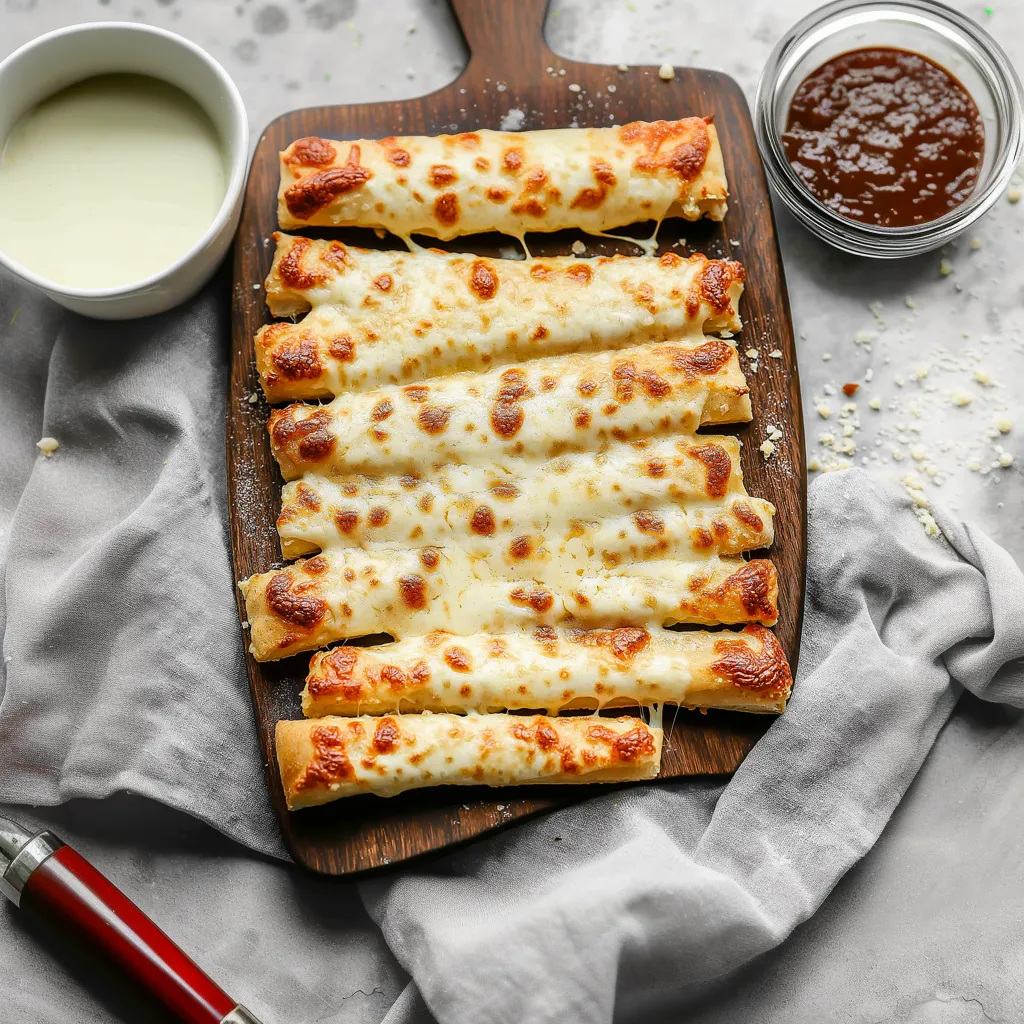 A wooden board with cheese sticks on it.