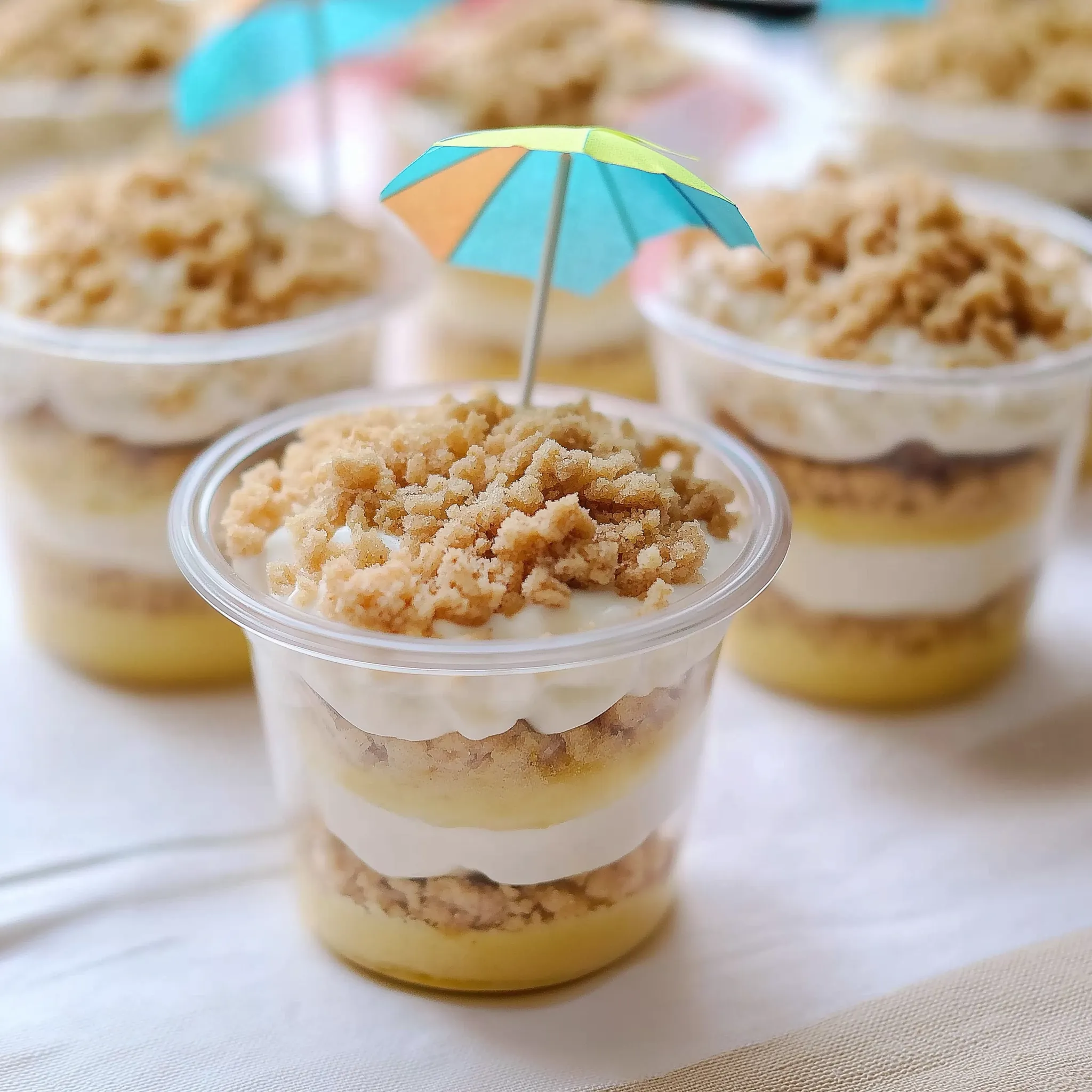 A white and yellow dessert in a plastic cup.
