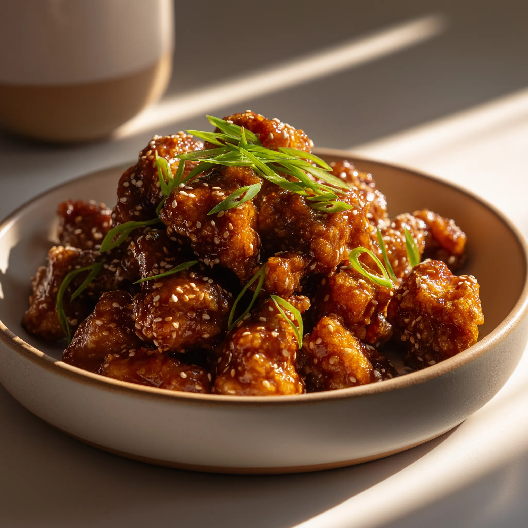 A plate of chicken with garnish.