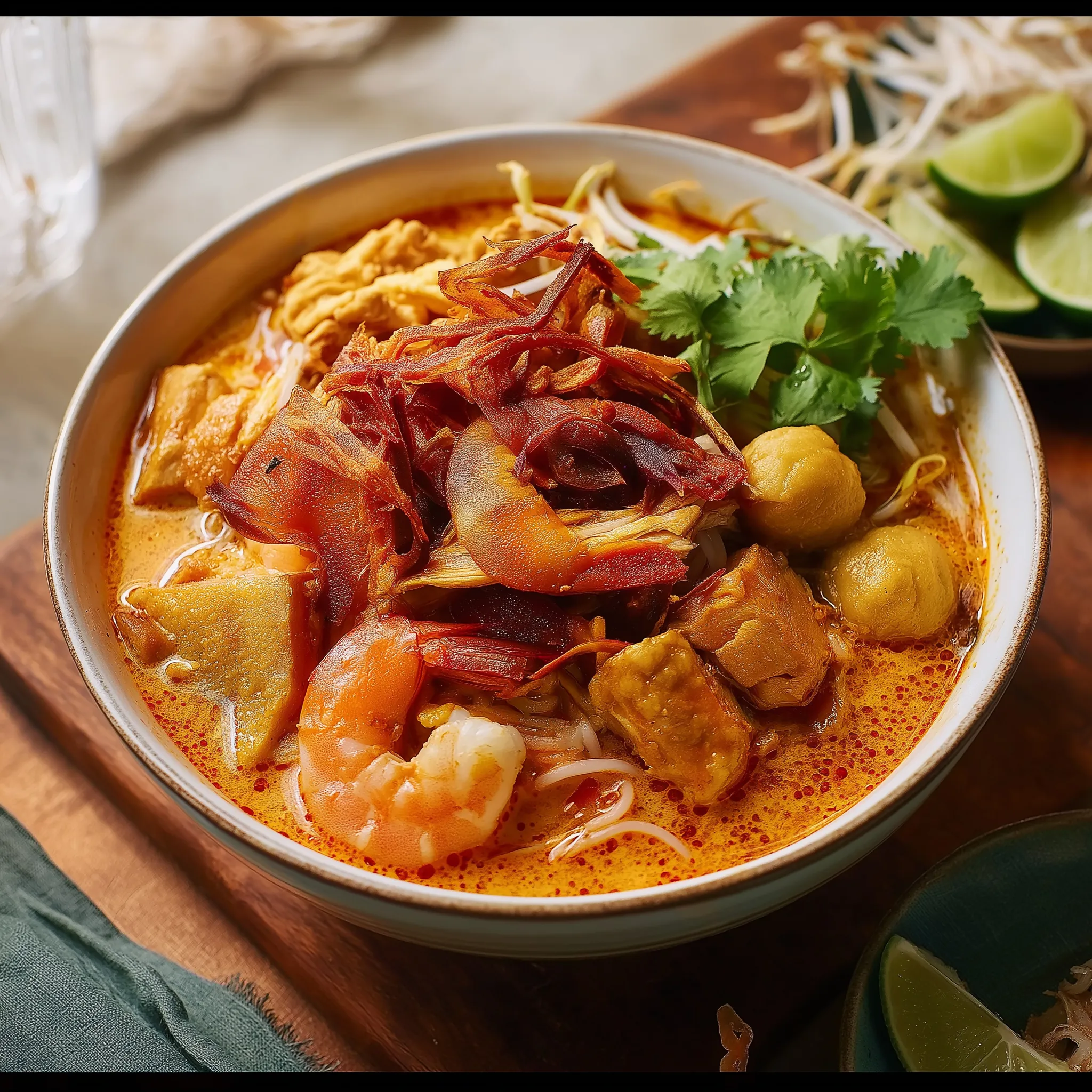 A bowl of soup with shrimp, noodles, and vegetables.