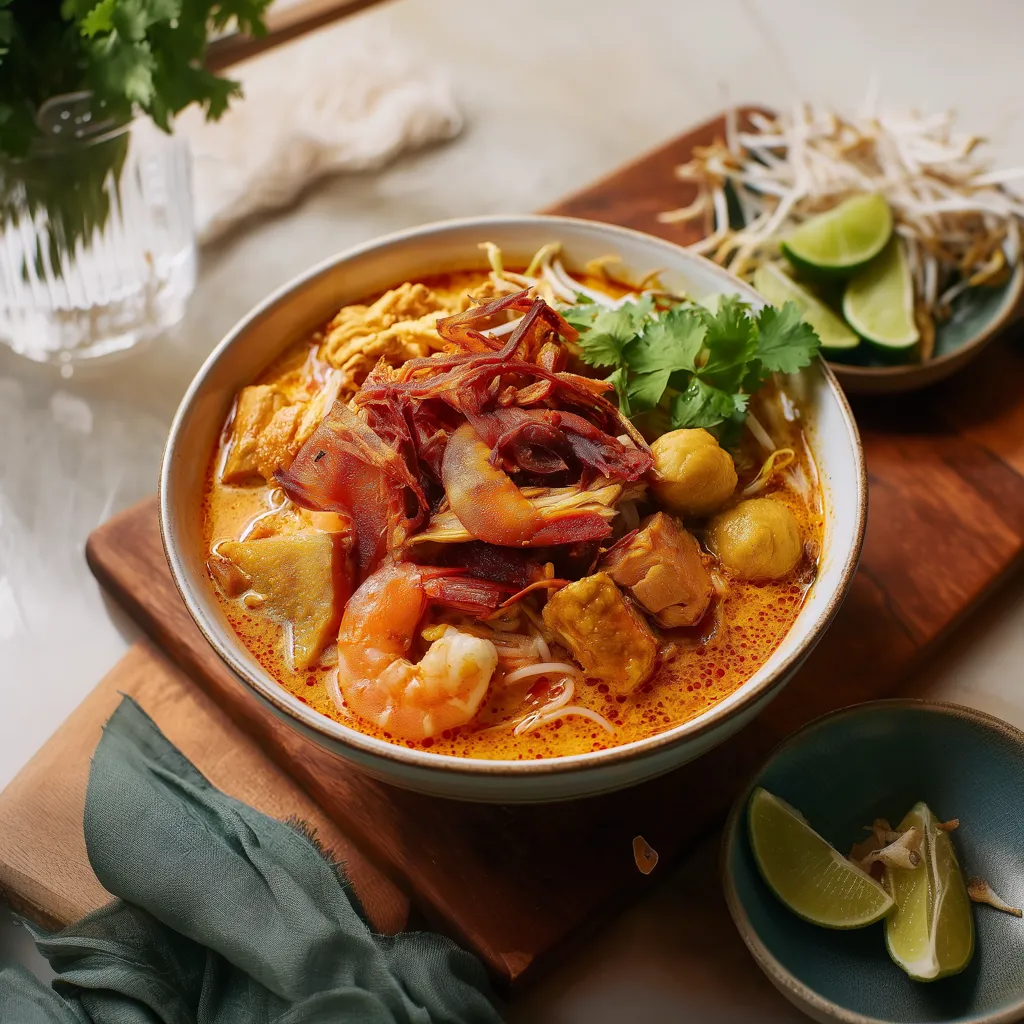 A bowl of soup with shrimp and vegetables.