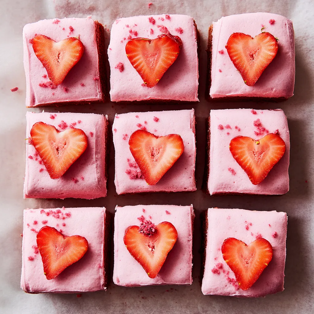 A pink cake with strawberries on top.