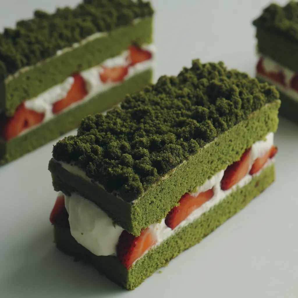 A slice of green tea cake with white cream and strawberries.