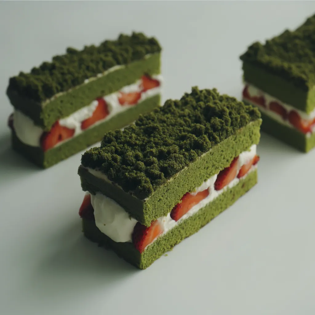 Three green cakes with white frosting and strawberries.