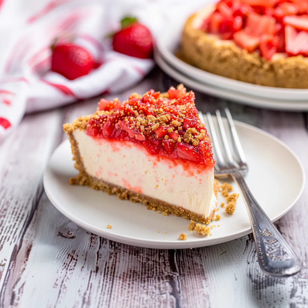 A slice of cheesecake with strawberries on top.