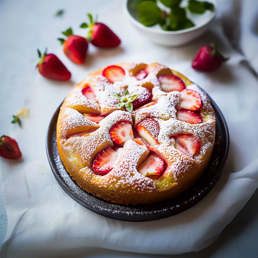 A cake with strawberries on top.