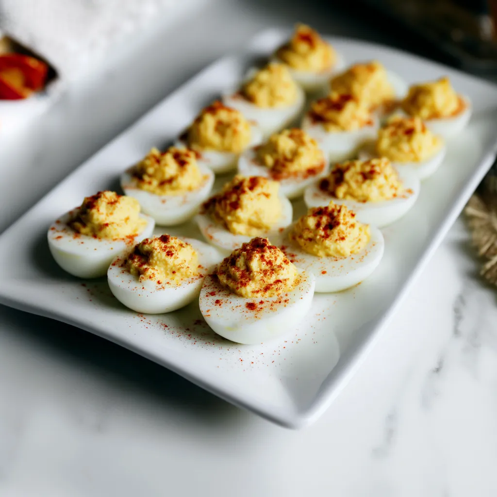 A plate of deviled eggs with a sprinkle of paprika.