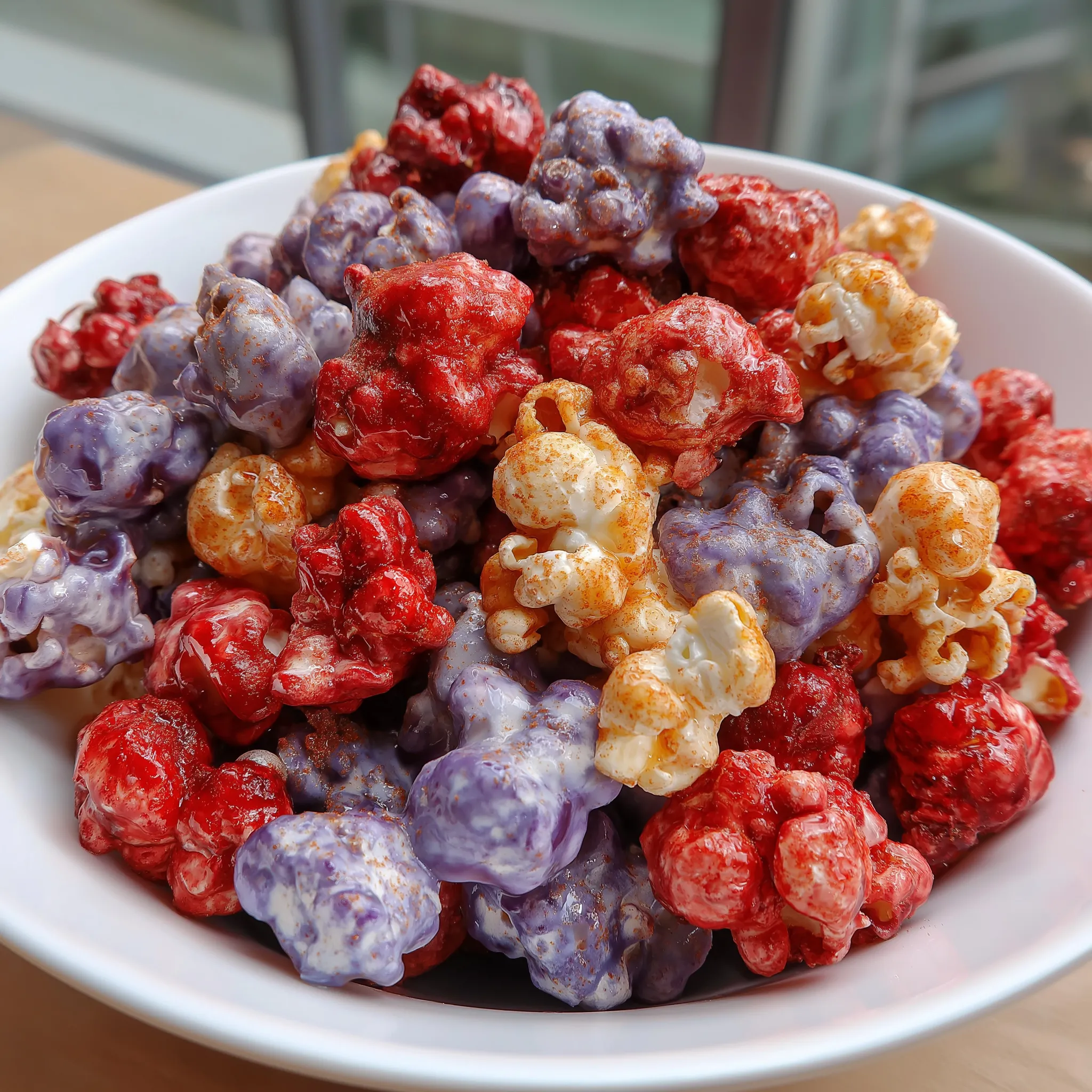 A bowl of popcorn with various colors.