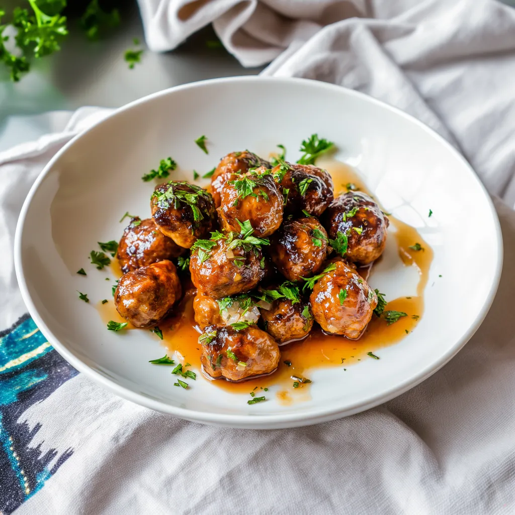 A plate of meatballs with a sauce on top.