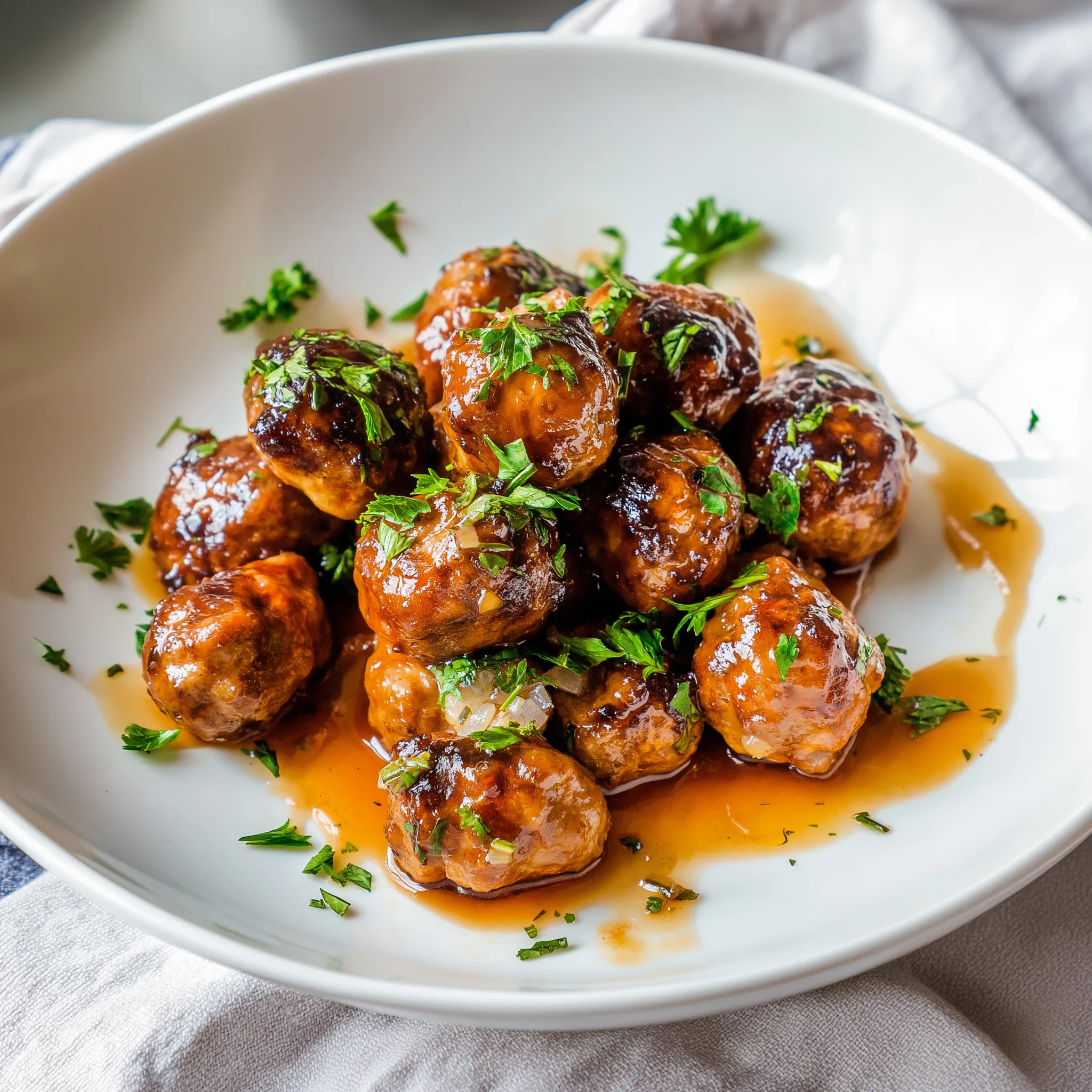 A white bowl filled with meatballs and honey bourbon sauce.