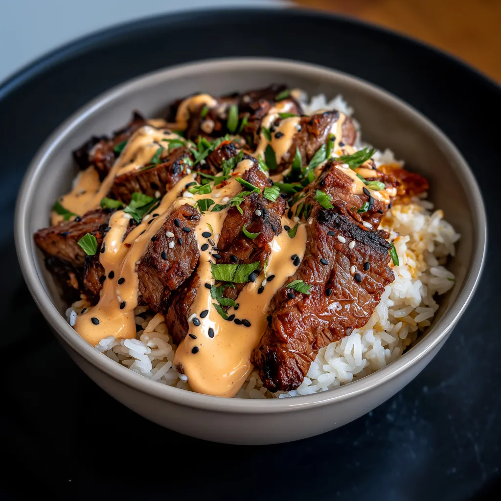 A bowl of rice with meat and sauce.
