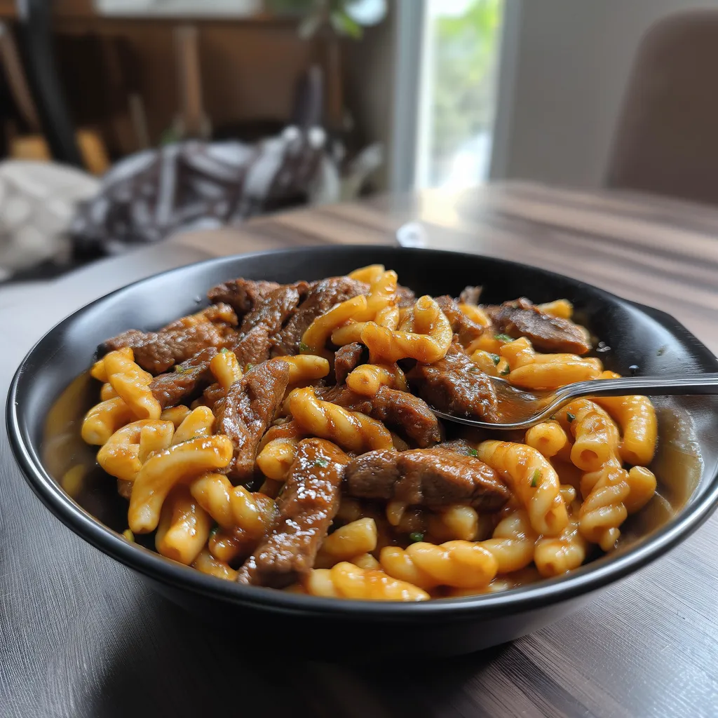 A bowl of steak and pasta.