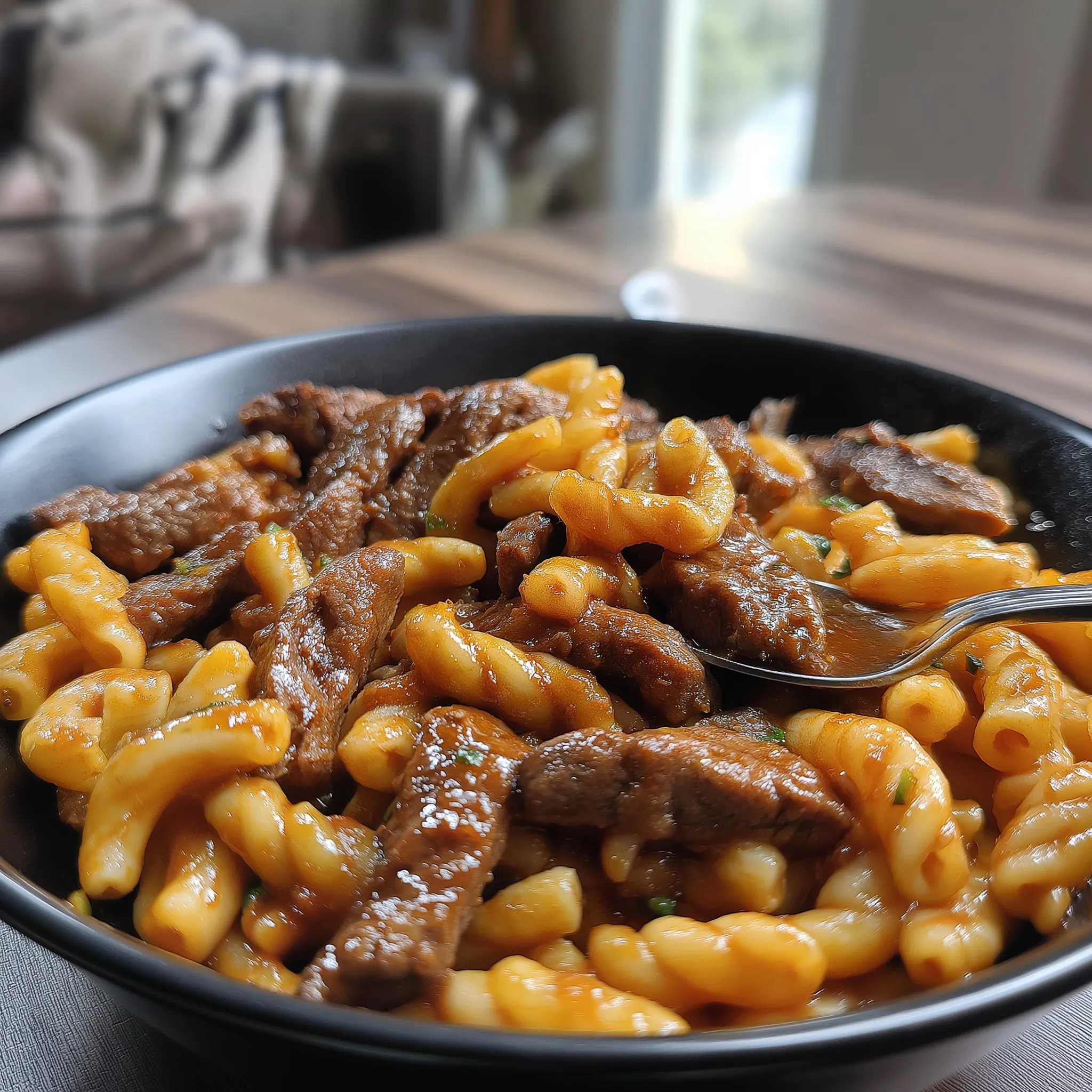 A bowl of steak and pasta.