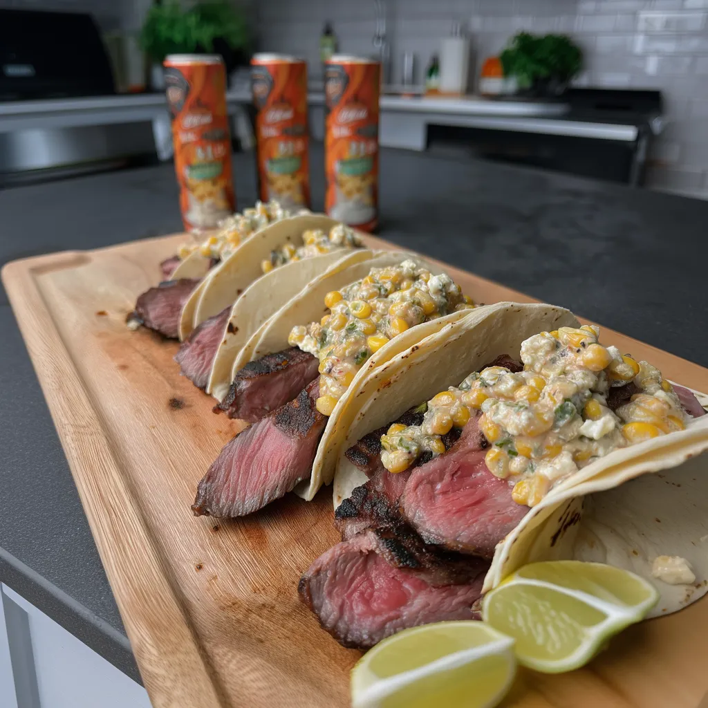 Grilled elote steak tacos on a wooden cutting board.