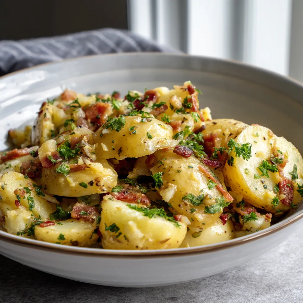 A bowl of hot German potato salad.