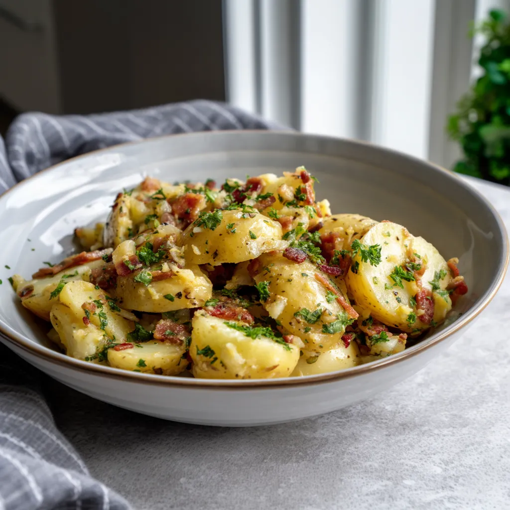 A white bowl filled with hot German potato salad.