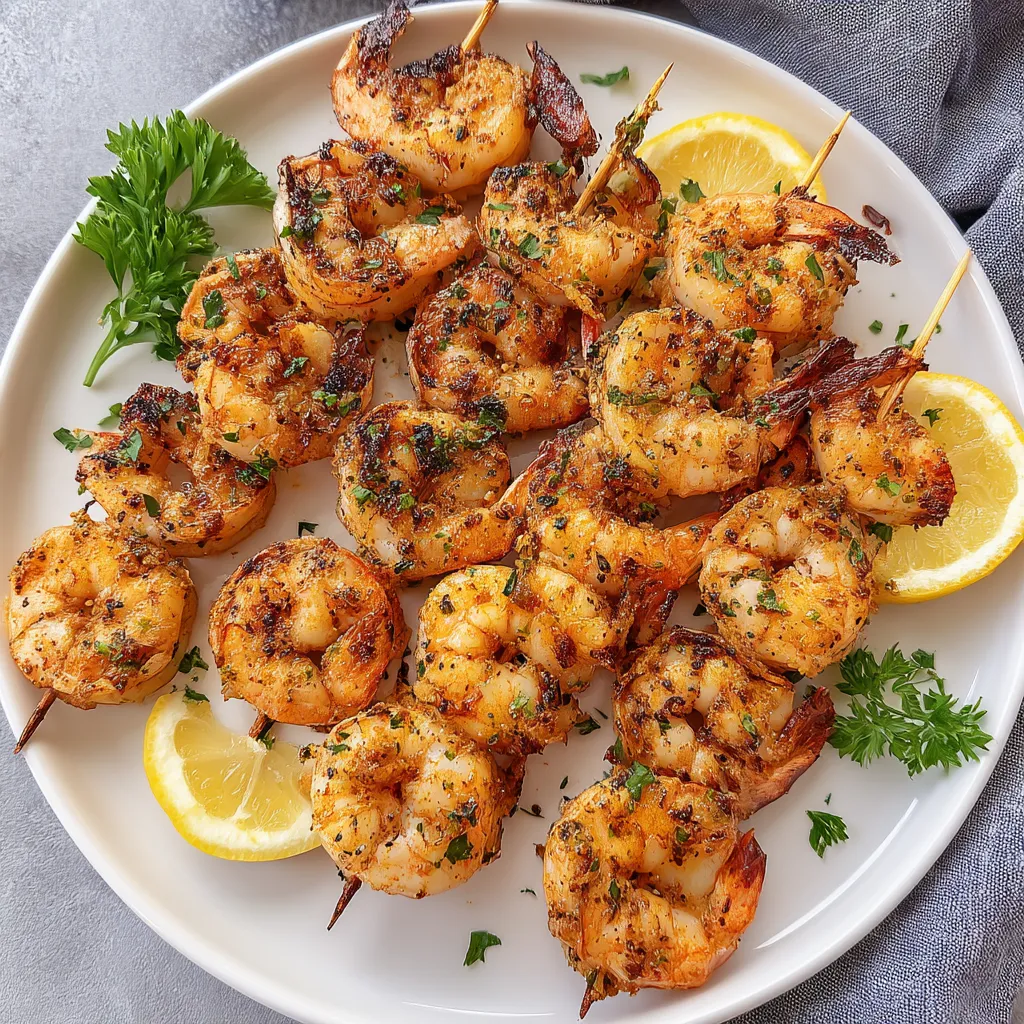 A plate of shrimp with lemon wedges on the side.