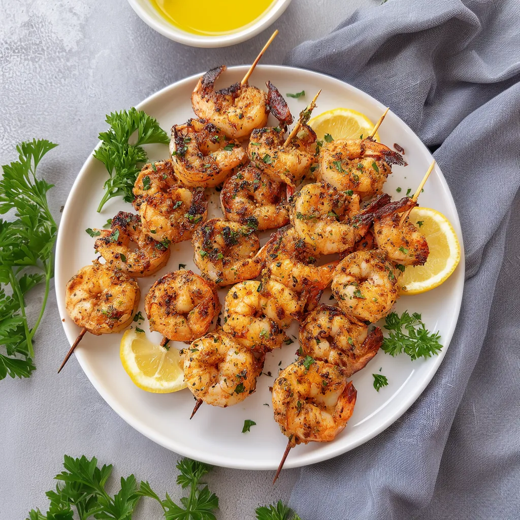 A plate of shrimp with lemon wedges.