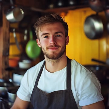 A man wearing a white shirt and apron.