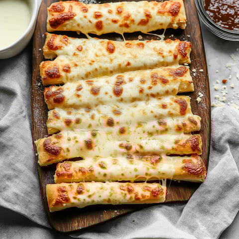 A wooden board with cheese sticks on it.