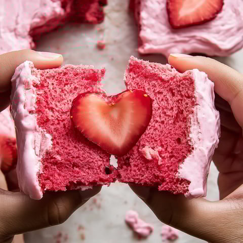A slice of red velvet cake with a strawberry heart.