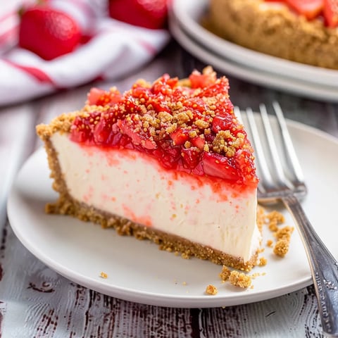 A slice of strawberry cheesecake with crunchy topping.