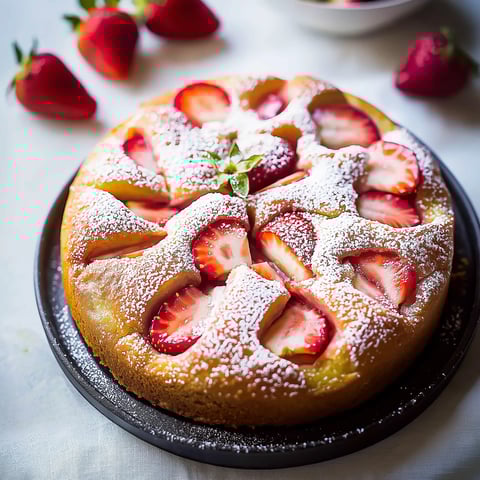 A cake with strawberries and powdered sugar on top.