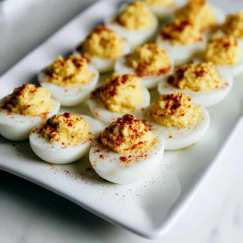 A plate of deviled eggs with a yellow sauce.